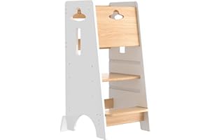 COSYLAND Toddler Standing Tower Adjustable Height - Wooden Sturdy Kitchen Step Stool - 3 Levels Adjustable Kids Learning Stoo