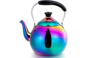 DINYWOW Whistling Tea Kettle for Stovetop Induction Stainless Steel Tea pot Whistle Kettles Gas Stove Top Fast Boiling Water Modern Rainbow Iridescent Color Mirror Finish 2 Quart