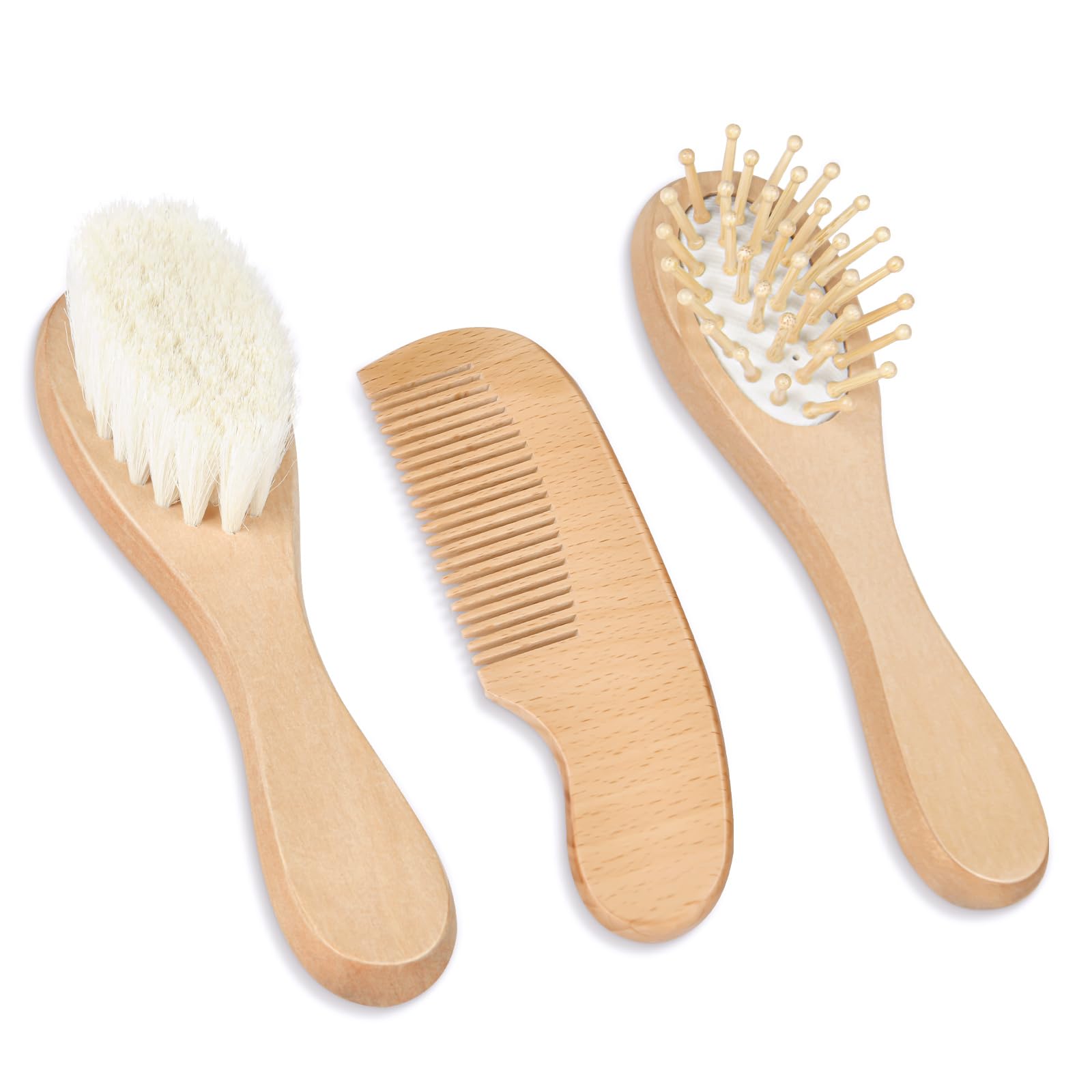 Aolso Baby Hair Brush, 3PCS Baby Hair Brush with Wooden Handle, Eco-Friendly Wood Hairbrush for Scalp Health Prevent Cradle Cap, Perfect Girl Boy Baby Gift Registry