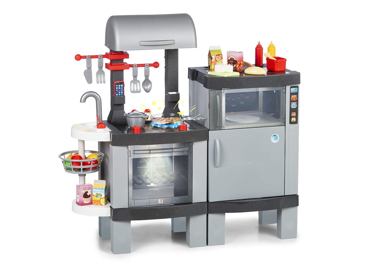 CHICOS 85110 Plus 2in1 (Kitchen & BBQ) Children's Kitchen with Real Effect: Food Changes Color When Cooked in The LED Stove. Includes 31 Accessories, Multicoloured, 20 x 20 x 20 cm