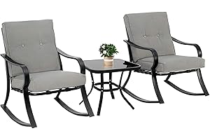 Oakcloud Oakmont Outdoor Furniture 3 Piece Conversation Bistro Set Rocking Chairs and Glass Top Table, Thick Cushions, Black Steel (Grey)