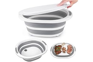 SEROPY Collapsible BBQ Prep Tub with Lid, 7.5L Bottle Wash Basin with Drain Plug, Chopping Board Colander for Kitchen, Portable Camping Sink Dish Basin, Folding Dish Pan Storage Basket Picnic BBQ Accessories