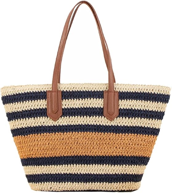 H.S.G.K Large Striped Shoulder Straw Bag Holiday Hand Woven Beach