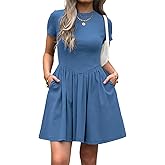 Evzeiem Womens Summer T Shirt Dress Short Sleeve Casual Mini Dresses Drop Waist Swing A Line Dress with Pockets
