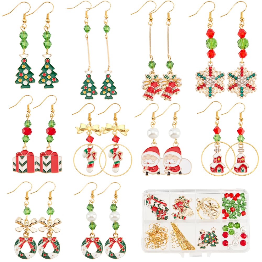 SUNNYCLUE 1 Box 10 Sets Christmas Earring Making Kit Gold Drop Dangle Earrings Christams Charm Enamel Snowflake Christmas Charms Glass Beads for Jewellery Making Kits Adult Women DIY Crafts Supplies
