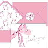 Whaline 50 Packs Pink Bow Thank You Cards Coquette Bowknot Greeting Cards Blank Note Cards Boxed with Envelopes and Stickers for Birthday Baby Shower Bachelorette, 4 x 6 Inch