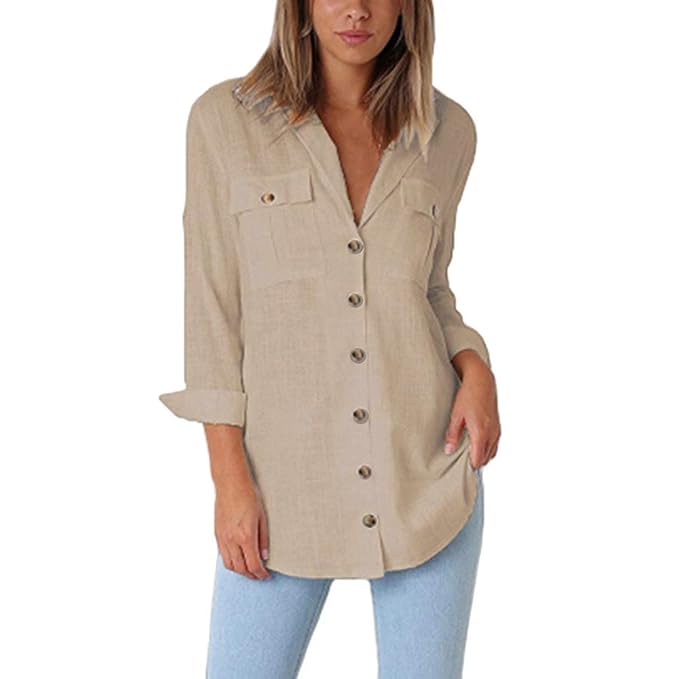 ESAILQ Damen Loose Button Long Shirt Kleid Baumwolle Casual Tops Bluse