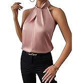 AIRRUMVE Women's Elegant Satin Tank Top Halter Neck Twist Front Sleeveless Keyhole Back Blouse Top Dusty Pink X-Large