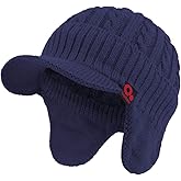 Janey&Rubbins Daily Knit Visor Beanie Hat with Earflaps Fleece Lined Brimmed Skull Ski Cap