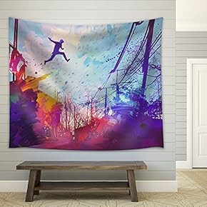 Man Jumping on The Roof in City with Abstract Grunge,Illustration Painting - Fabric Wall Tapestry Home Decor - 51x60 inches