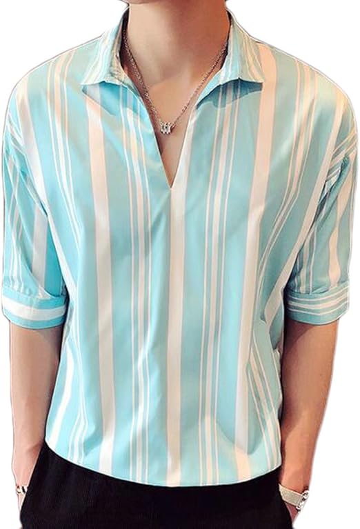 MU2M Men's Fashion Elastic Waist VNeck Striped Half Sleeve Shirt one