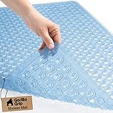 GORILLA GRIP Patented Bath Tub Shower Mat, Machine Washable Bathtub Floor Liner Mats, Suction Cups and Drain Holes to Keep Tubs Clean, Soft on Feet, Bathroom Essentials, 35x16 Inch, Clear Blue