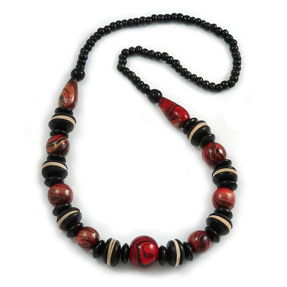 Avalaya Black/Red Wood Bead Necklace - 66cm Long