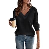 Women's Waffle Knit Tops Fall Loose Long Sleeve V Neck Shirts Dressy Casual Blouse