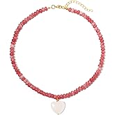 zocare Handmade Rhodonite Beaded Necklace with Heart Charm, Handmade Natural Stone Bohemian Surfer Beads Necklace, 14K Gold Plated Gemstone Beach Jewelry for Women with Rose Quart Heart