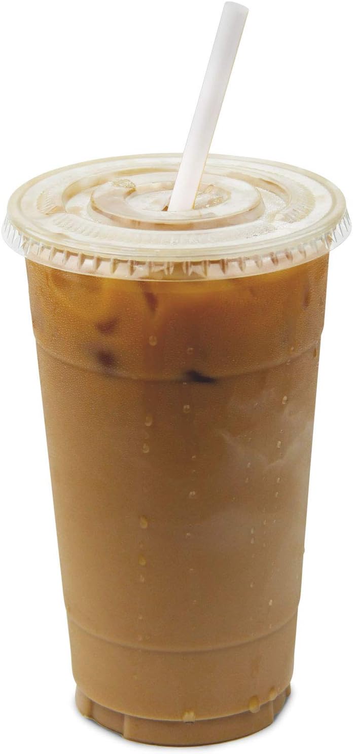 [50 Pack] 32 oz BPA Free Clear Plastic Cups With Flat Slotted Lids for Iced Cold Drinks Coffee Tea Smoothie Bubble Boba, Disposable, Double Extra Large Size