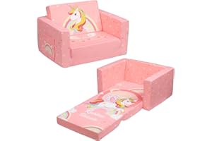 ALIMORDEN 2-in-1 Flip Out Comfy Toddler Couch, Lovely Kids Chair Convertible Sofa to Lounger for Story/Nap Time, Pink Unicorn