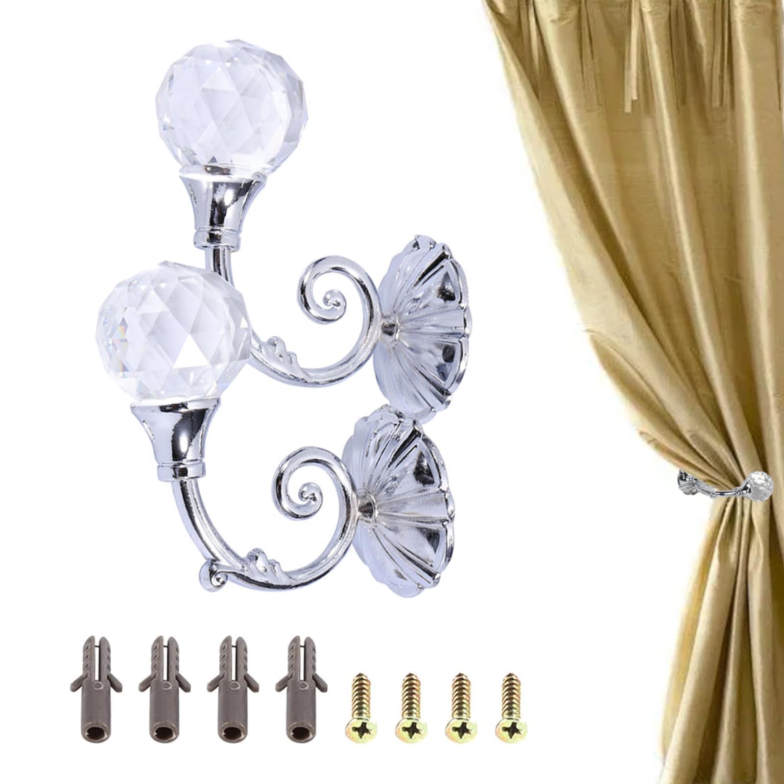 2PCS Curtain Holdbacks, Curtain Tiebacks Curtains Holder Wall Mounted Metal Curtain Tie Backs with Crystal Ball for Home Decor(Silver)