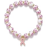 Choistily Breast Cancer Awareness Bracelets Pink Ribbon Bracelet for Women Pink Flower Breast Awareness Accessories Stretch Handmade Bracelet