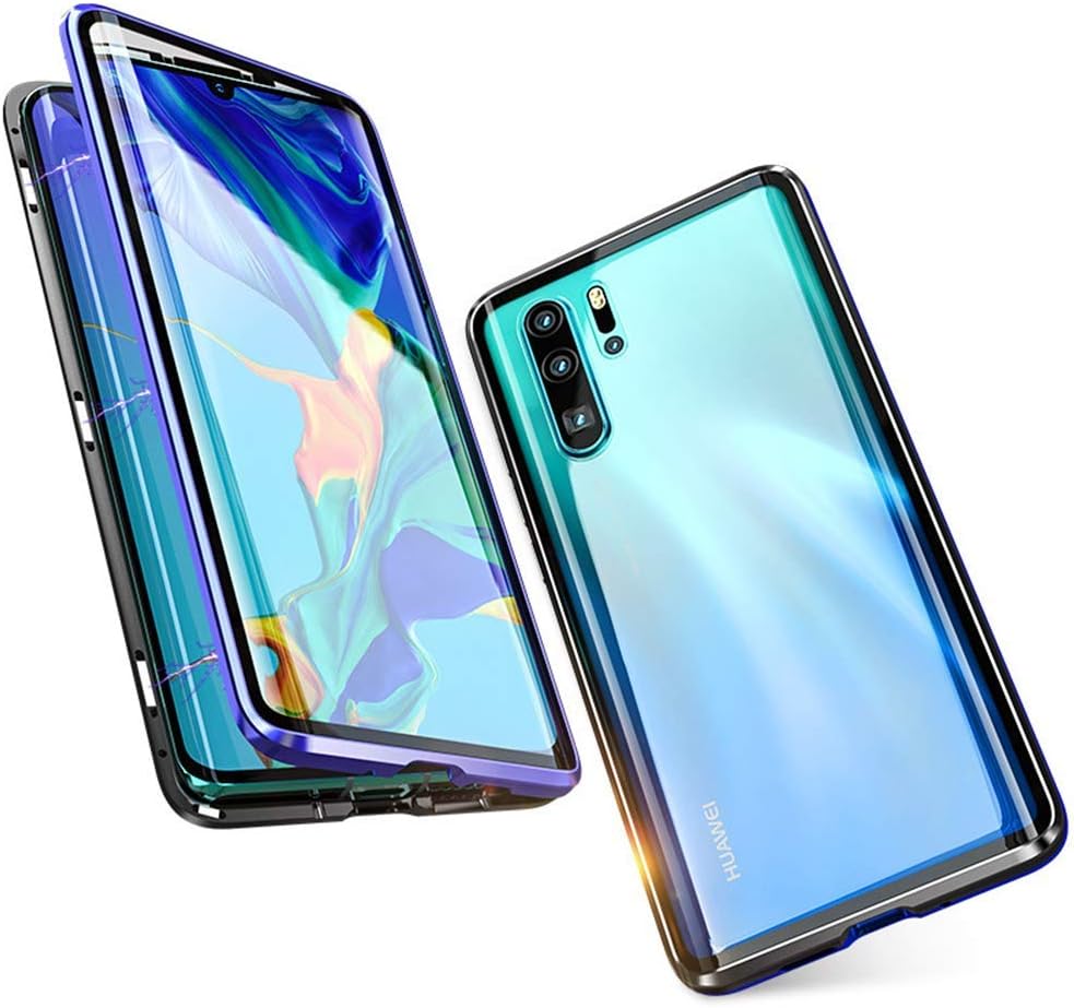 Case for Huawei P30 Pro Cover Magnetic Adsorption Tech Front Back Tempered Glass Unibody Design Powerful Magnets Built-in Frame 360 Degree Protection Shockproof Metal Flip Cover, Blue Black