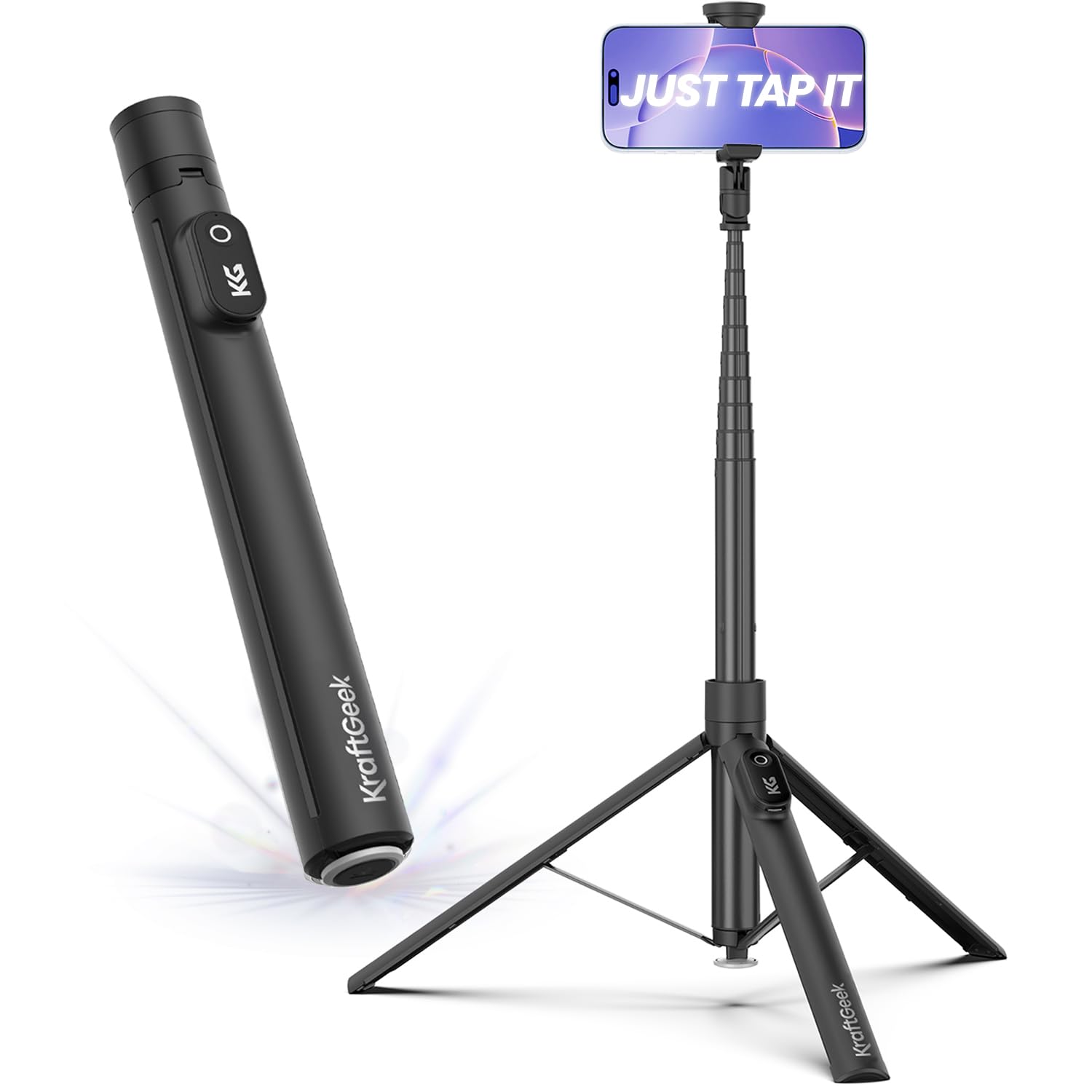 Photo 1 of KraftGeek Automatic Tripod for iPhone, 66" Phone Tripod Selfie Stick for Cell Phone, Tripod Stand with Remote for Video Recording, Black