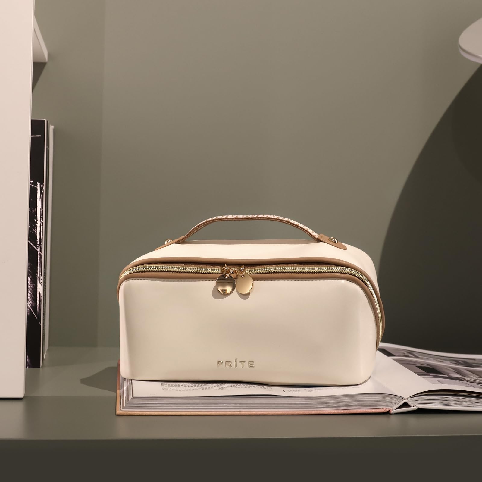Prite Makeup Bag for Women Travel Waterproof Vegan Leather Cosmetic Bag Open Flat Toiletry Bag With Clear Divider and Handle (Beige)