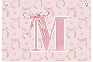 ICEWHITEY Coquette Pink Bow Girls Room Wall Decor,Cute Initial Personalized Canvas Banner Flag Decor for Teen Girls Bedroom Nursery Dorm,Trendy Monogrammed Gifts,20x30 Inch (M)