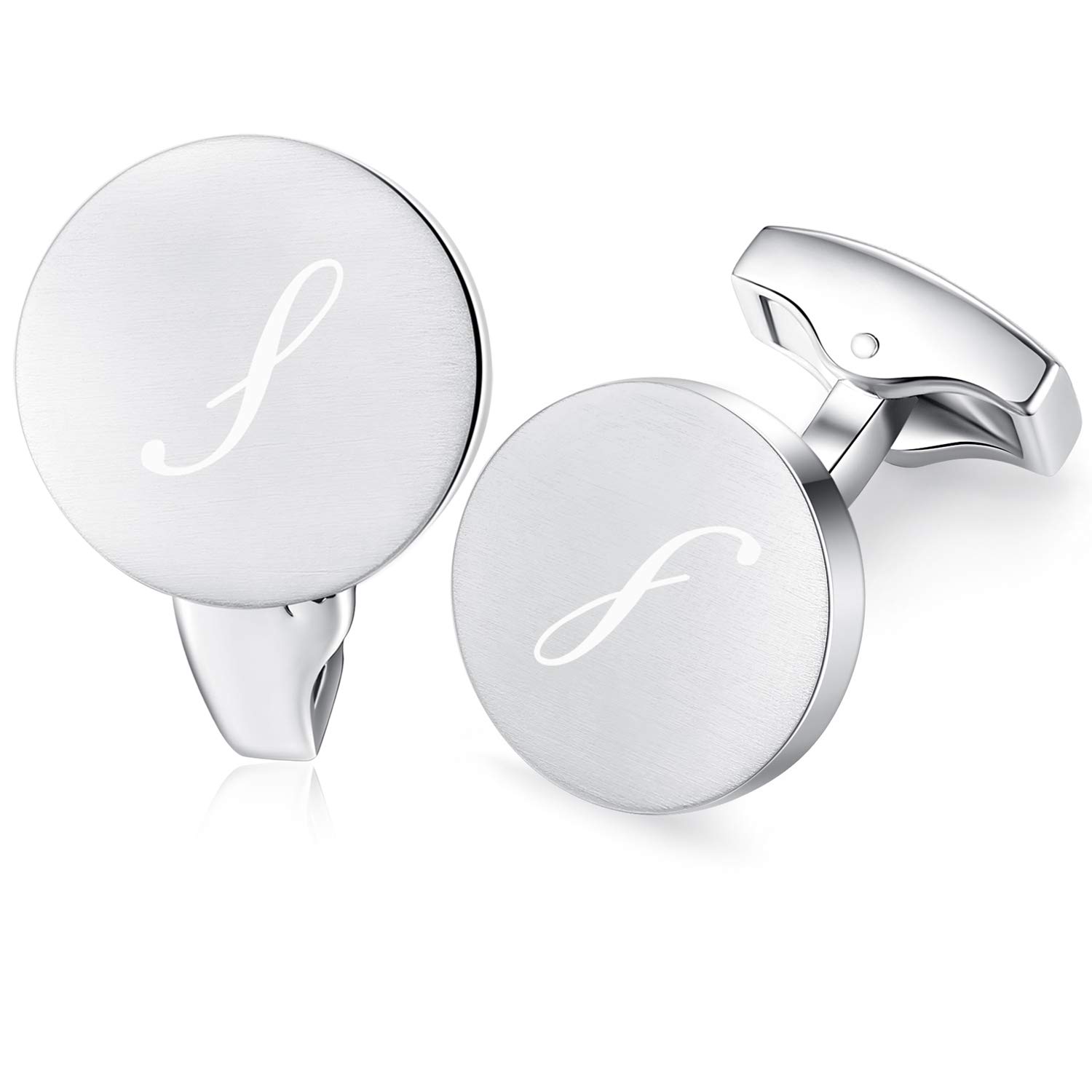 Honey Bear Initial Alphabet Letter Cufflinks for Men, Silver Round Shape Stainless Steel Wedding Business Gifts A - Z (S)