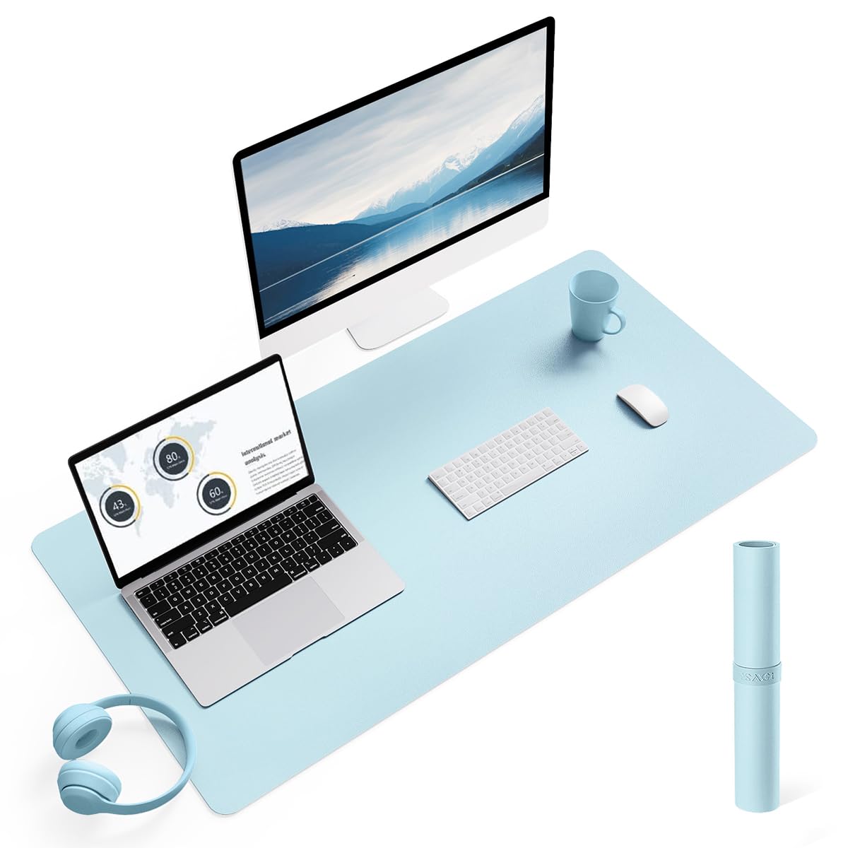 YSAGi Non-Slip Desk Pad, Waterproof PVC Leather Desk Table Protector, Ultra Thin Large Mouse Pad, Easy Clean Laptop Desk Writing Mat for Office Work/Home/Decor (90 x 43 cm, Light Blue)