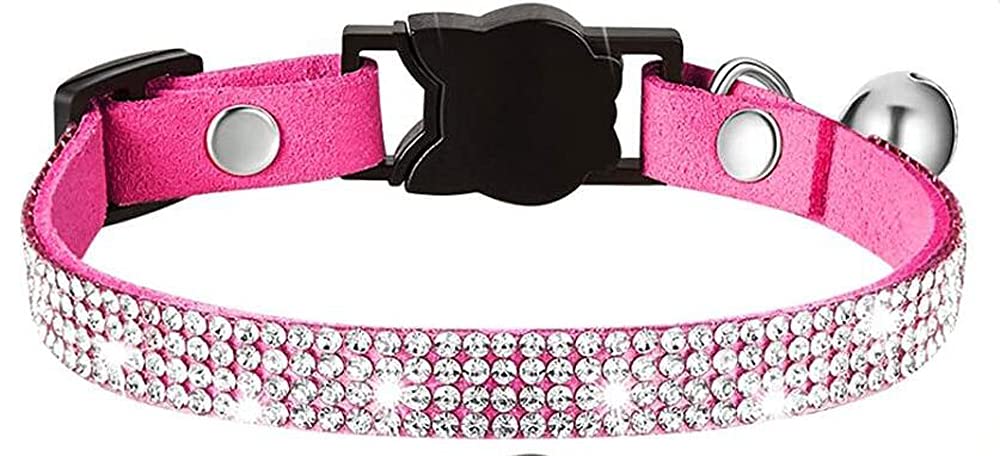 haoyueer Rhinestones Dog Cat Collars with Bell Bling Pet Puppy Collars with Soft Velvet Crystal Collars Girl Jeweled Necklace (Hot Pink)