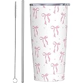 TOUNHEYA Bow Tumbler with Lid and Straw Pink 20oz Insulated Stainless Steel Cup Cute Travel Coffee Mug Water Bottle for Women Gift for Birthday Christmas
