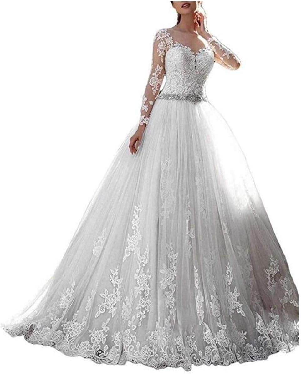 Thrsaeyi Women's 2019 Lace Wedding Dresses Bridal Gowns Long Sleeves Ball Gowns