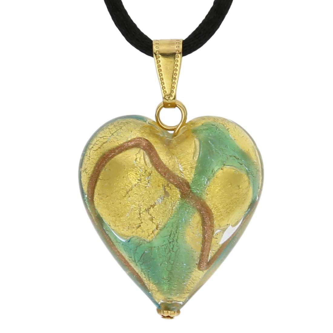 Glass Of Venice Murano Glass Heart Pendant - Aqua Waves Gold