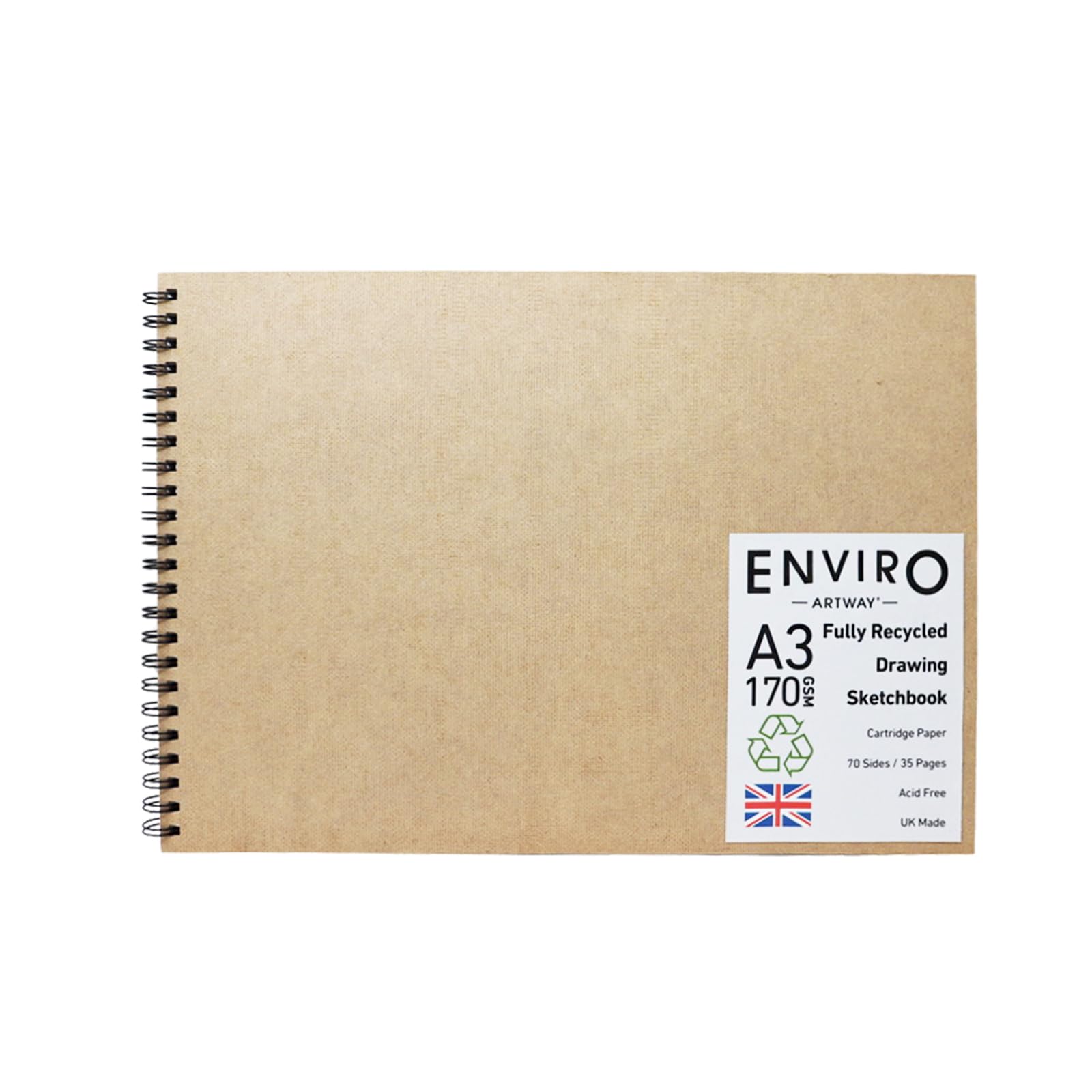 Artway Enviro – Spiral Bound A3 Sketchbook – Landscape - 70 Sides/35 Pages of Recycled 170gsm Drawing Paper – 100% Recycled Sketchbook / Scrapbook