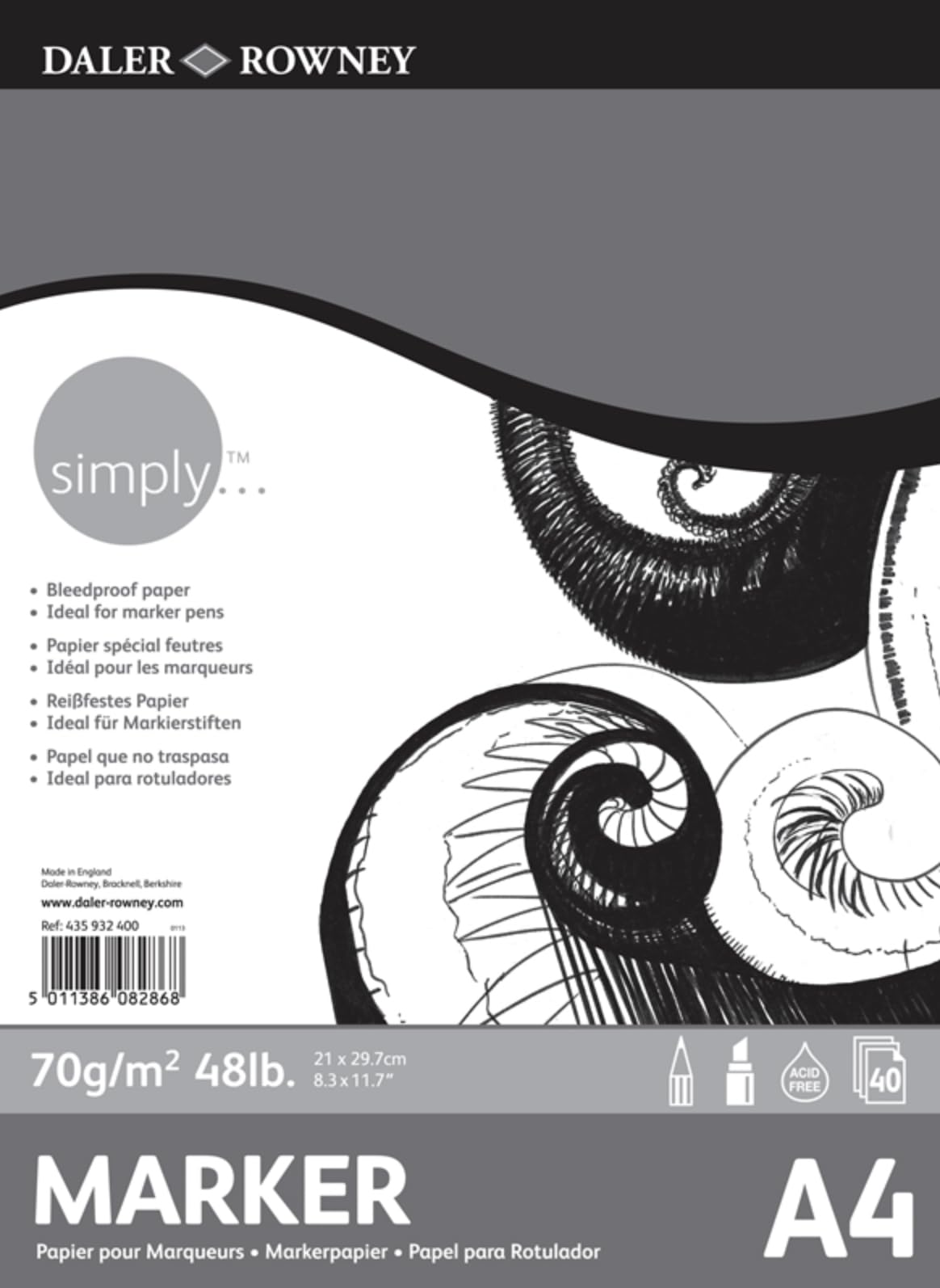 Daler-Rowney Simply Smooth Surface 70gsm A4 Marker Paper, Pad, Glued 1 Side, 40 Sheets, Ideal for Entry-Level Artists & Hobbyists