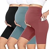 GROTEEN 3 Pack Women's Maternity Shorts Over Belly with Pockets - 8'' High Waisted Workout Yoga Pregnancy Biker Shorts