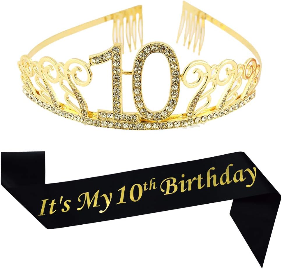 10th Birthday Gold Tiara and Sash, Glitter Satin Sash and Crystal Tiara Birthday Crown for Happy 10th Birthday Party Supplies Favors Decorations 10th Birthday Cake Topper Birthday Gift