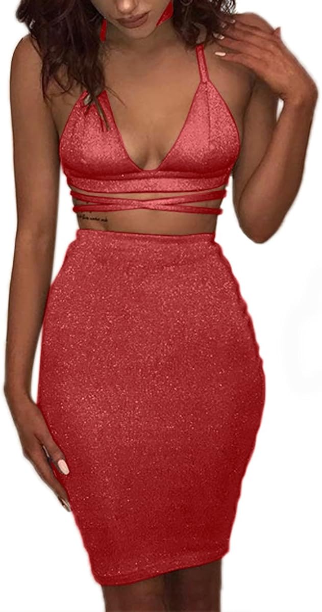 ioiom Women's Glitter V Neck Halter Backless Sleeveless Bandage Bodycon Midi Dress