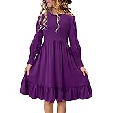 Yoklass Girls Smocked Dress Casual Puff Long Sleeve Ruffle Neck Dresses 4-13 Years