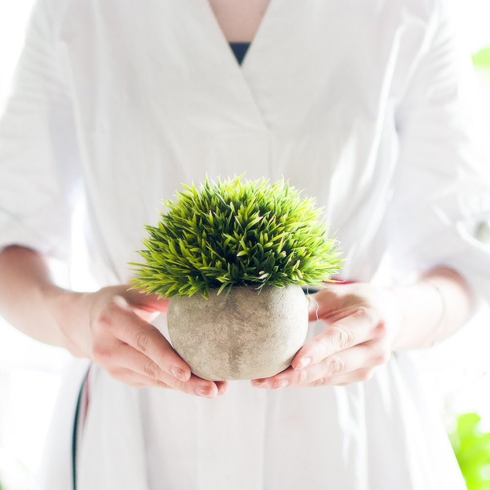 Opps Artificial Plastic Mini Plants Unique Fake Fresh Green Grass Flower in Gray Pot for Home Décor – Set of 3 -