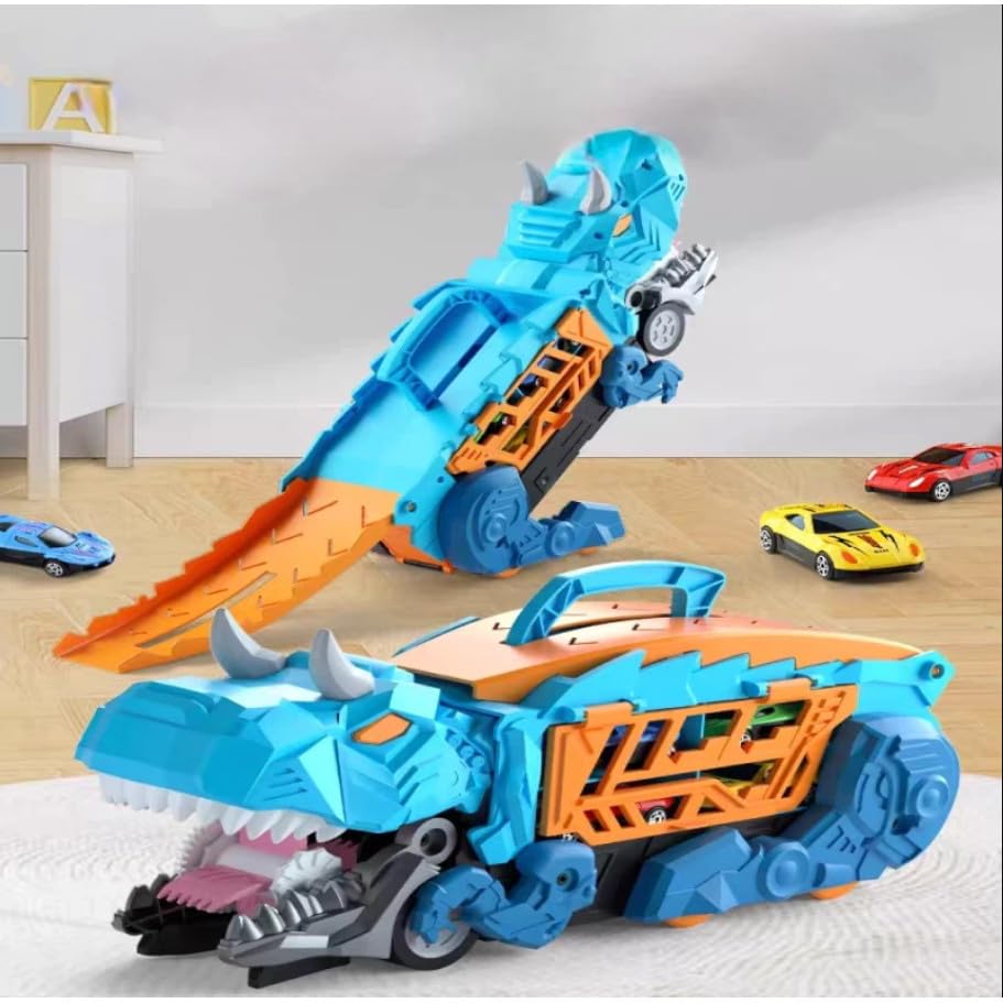 Caminhão Dinossauro 3 em 1 com Pista Dupla Dinossauro Brinquedo que Engole Carrinhos e Vira Pista de Corrida, Acompanha 4 Carrinhos de Metal, Ideal para Aniversário, Natal e Dia das Crianças
