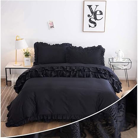 Amazon Com Fadfay Black Ruffle Bedding Set King Size 4 Piece Premium 100 Cotton Luxury Pure Black Lace Zipper Duvet Cover Set Bed Skirt 2 Pillowshams Home Kitchen