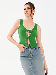REORIA U-Neck Adjustable Tie-Front Crop Tank Top