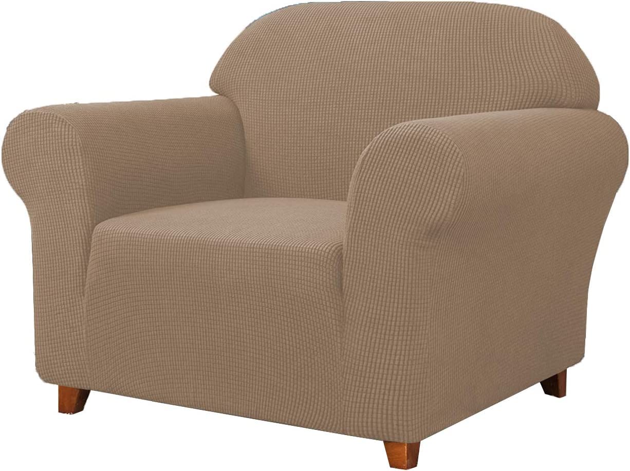 SAMSTEX Stylish 1 Seater Sofa Cover Stretch 1-Piece High Stretch Armchair Cover Machine Washable Non Slip Sofa Slipcovers Thick Soft Armchair Sofa Protector (1 Seater, Sand)