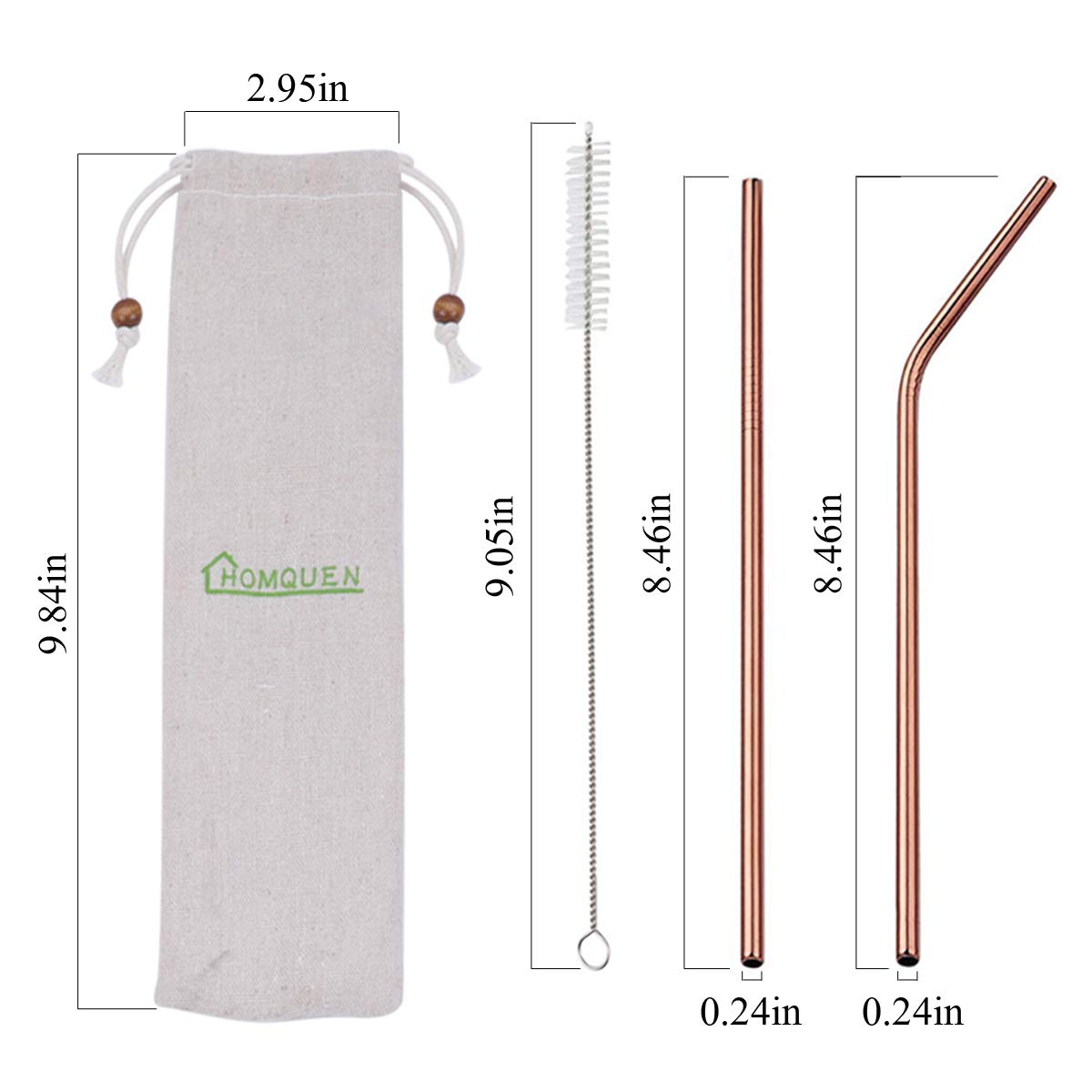 18 Piece Copper Stainless Steel Straws, 8.5 '' Reusable Rose Gold Drinking Straws,with Portable Pouch (8 Straight/8 Bent/2 Brushes)