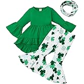 Noubeau Toddler Baby Girl St.Patrick's Day Outfits Ruffle Top Long Sleeve Dress Clover Print Flared Pants+Scarf 3Pcs Clothes