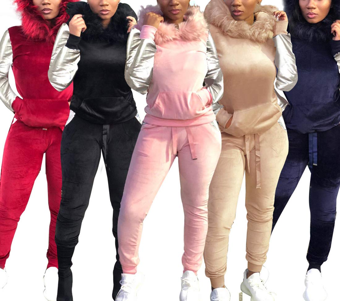 Womens 2 Piece Outfits Tracksuit - Sequin Velvet Hoodie Pullover Top Long Pants Suit Jumpsuits Sweatsuits Navy Blue 2X-Large