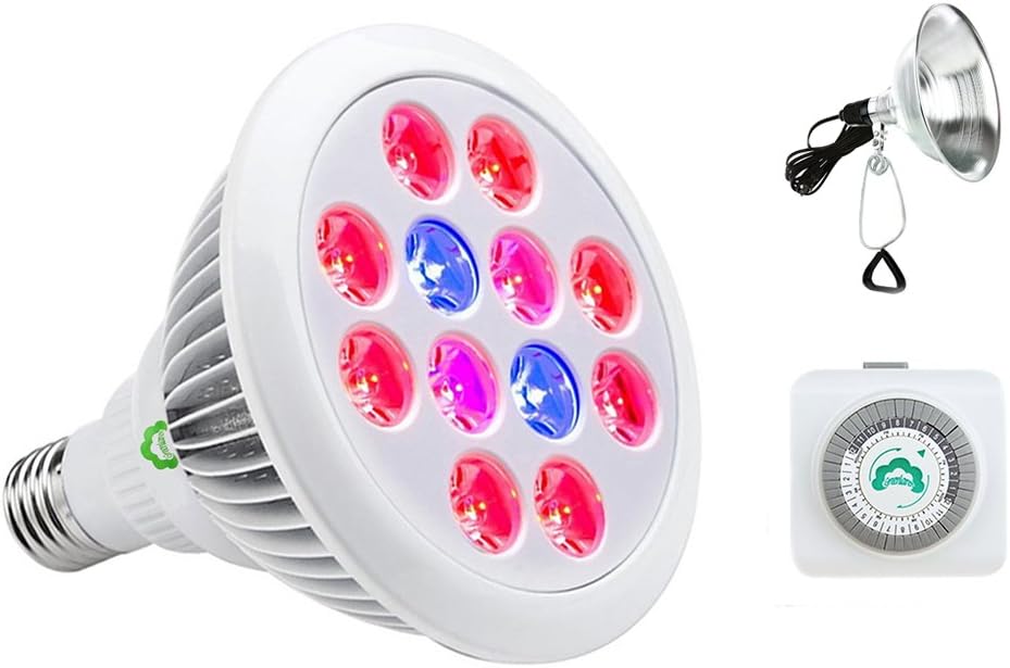 GreenLaren LED Grow Light Bulb 24W 3 Bands E26 Socket with 24-Hour Mechanical Outlet Timer and 8.5-Inch Reflector Clamp Lamp, LED Plant Light Bulb for Indoor Plant