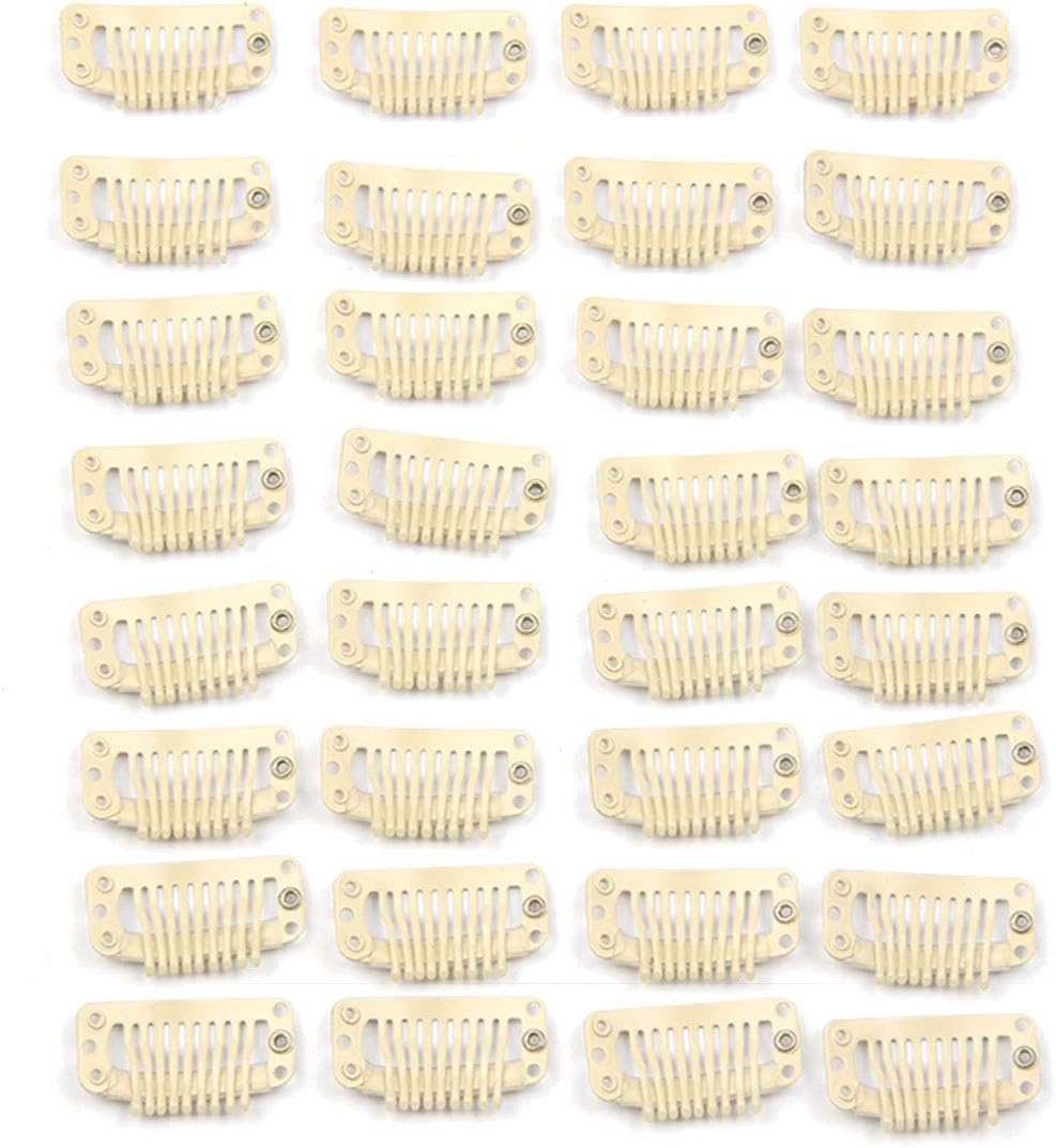 20pcs Metal Snap Clips for Hair Extensions DIY Clip in on Hair Extension Wigs 9 Teeth 32mm 1.2g/pc Black Brown Beige Color (Beige)