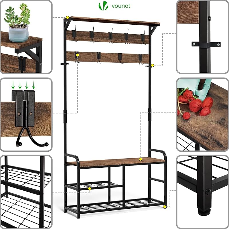 ® Stand Appendiabiti da Terra con Panca Scarpiera a 3 Ripiani, Attaccapanni Autoportante Mobile Ingresso Corridoio 9 Ganci Rimovibili, Design Moderno Industriale 85x33x185cm